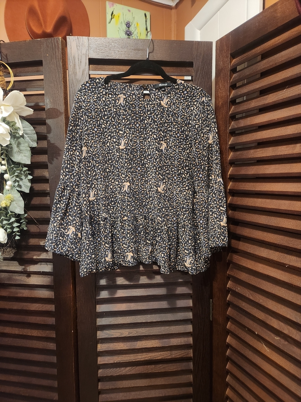 Madewell Navy & Cream Printed Peplum Blouse